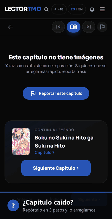 Cómo reportar un capítulo caído en LectorTMO: toca la bandera, elige qué pasó y envía el reporte